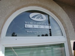 White logo on curved window